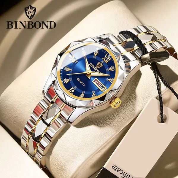 Binbond b2521 marca superior de luxo moda negócios feminino relógios quartzo 30m à prova dwaterproof água semana data relógio esporte pulso 240322