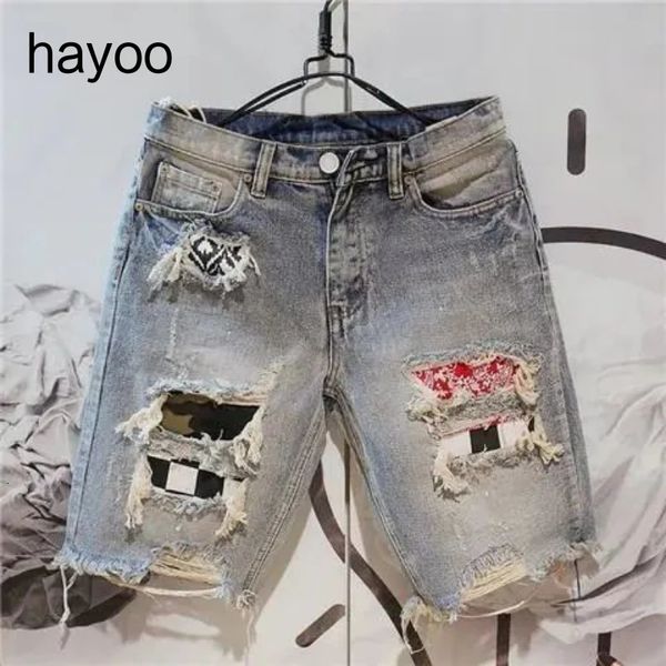 Estilo coreano masculino rasgado forro interno personalizado lavado shorts jeans verão costura jeans de cinco pontos 240327