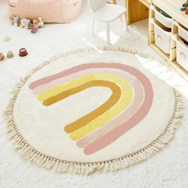 Tappeto lavabile in lavatrice con nappe rotondo simpatico cartone animato arcobaleno camera da letto per bambini tappeto soffice decorazione della casa creatività tappetino senza pieghe 240401