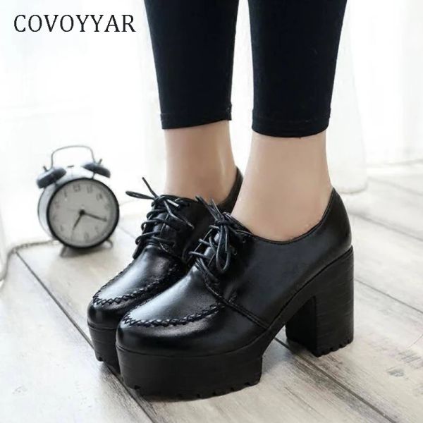 Pumps Covoyyar 2023 Dicke High Heel Women Pumps Plattform Schuhe Frau Schnürung lässige Damenschuhe Oxfords Spring Black Schuhe WHH211