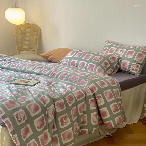 Set biancheria da letto Set quattro pezzi Cotone Art Graffiti Stampa Lavorato a maglia Caldo lenzuolo trapuntato Plaid Colorblock Primavera ed estate Ins Style