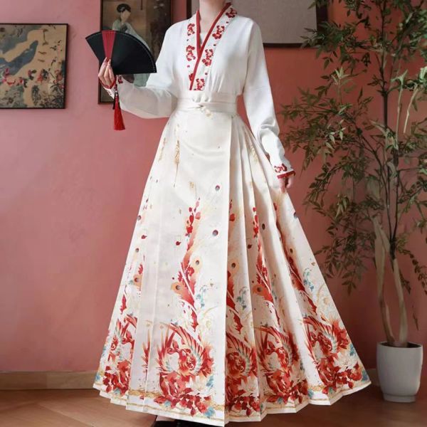 Hanfu Horse Face юбка модная женская китайская традиционная Hanfu 2 шт. рубашка плиссированная юбка комплект белый, красный, черный Mamianqun