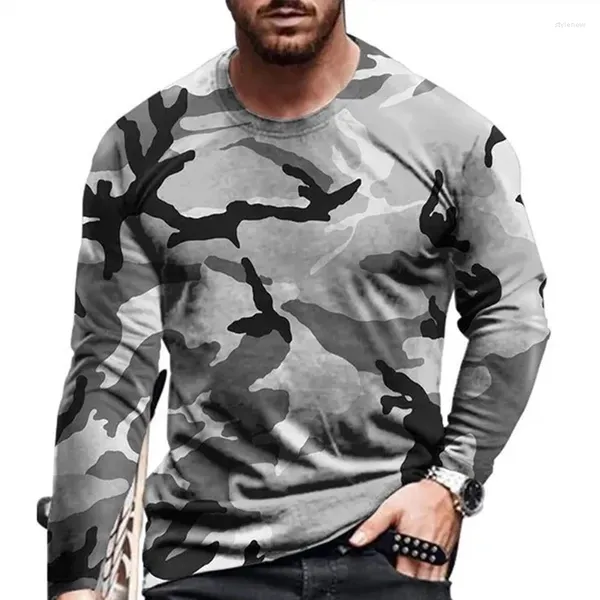 Herren T-Shirts Freizeit Herbst und Winter Jahreszeiten Mode Europäische Größe Langarm T-Shirt Farbe Camuflaje Print T-Shirts Rundhals Tops