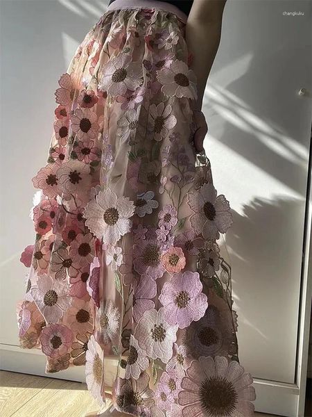 Gonne Gonna in tulle a pieghe floreali Gonna di alta qualità con fiori ricamati in 3D Abito da ballo in vita Abiti eleganti per donna 43905