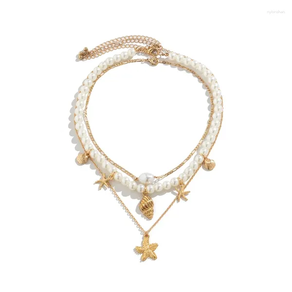 Colares Pingente Purui Gold Color Starfish Forma Colar Imitação Pérola Grânulos Gargantilha Para Mulheres Vintage Jóias Colar Festa Meninas