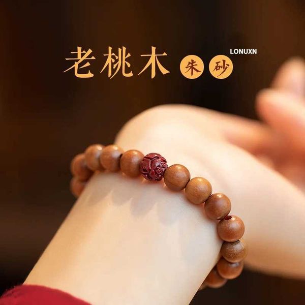 Corrente de alta qualidade genuína pulseira de madeira de pêssego pulseira de Buda pulseira budista oração para homens cinábrio natural pintado à mão flor de lótus Q240401