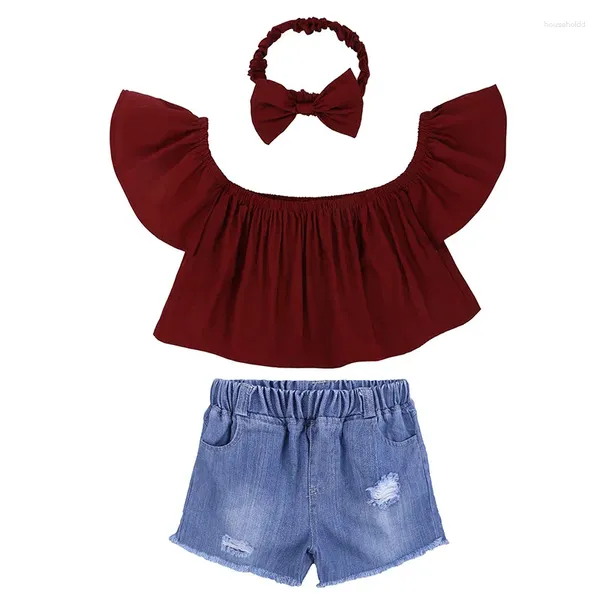 Set di abbigliamento Hooyi Set di camicie con spalle scoperte per bambine e top estivi Top a tubino con foro Pantaloncini di jeans Fascia per capelli Abiti monospalla