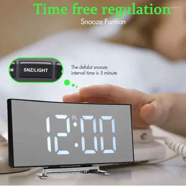 Relógios de mesa LED Digital Alarm Clock Eletrônico Curvo Espelho Tela Nightlight Temperatura Display Snooze Desktop Decoração