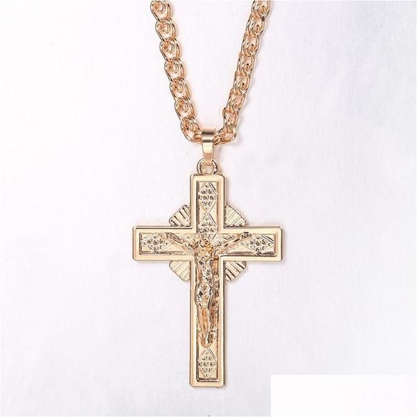 Pingente colares moda cruz oração colar para homens mulheres 585 rosa cor de ouro crucifixo jesus charme relius fé pescoço jóias gota dhyi2