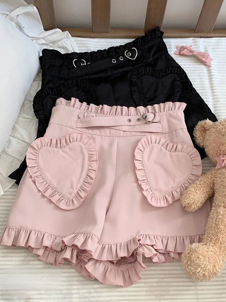 Japanische Sweet Lolita Shorts Damen Gothic Love Rüschen Tasche Hohe Taille Kurze Hosen Süße Mädchen Harajuku Schwarz Rosa Y2k Shorts 240321