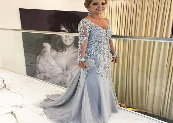 Custom Made Tulle V Neck Sexy Plus Size Bainha Mãe da Noiva Vestidos Mangas Longas Ilusão Casamento Formal Festa de Noite Gown3975200