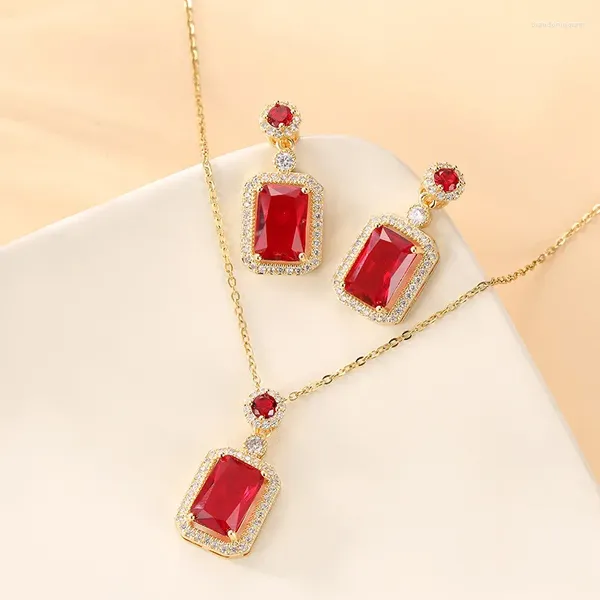 Colar brincos conjunto de aço inoxidável microset vermelho grande zircão gota vintage casamento mulher