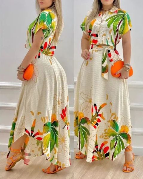 Юбка с тропическим принтом, женский костюм, летняя мода, в богемном стиле, повседневный элегантный укороченный топ на пуговицах, комплект одежды 240319