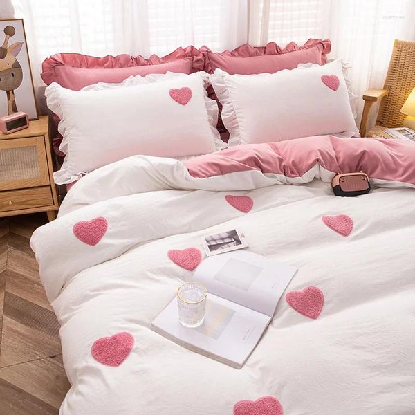 Set di biancheria da letto Ins coreano Set rosa carino Federa con volant Lenzuola piatte in cotone Lenzuolo con angoli stile principessa semplice per ragazza