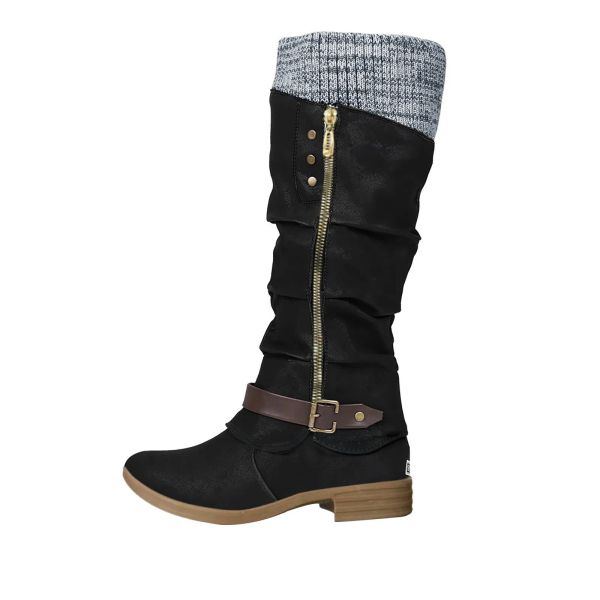 Stiefel 2024 Mittelkalb Western Stiefel Frauen Lange Stiefel über den Kniestiefeln Winter Reißverschlussschuhe Punk Leder Retro Black Damen Schneestiefeln