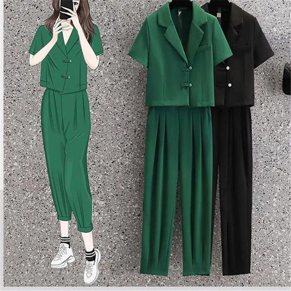 Zweiteilige Damenhose, Sommer-Vintage-Stil, kurzärmelige Jacke, Blazer, lässiger zweiteiliger eleganter Anzug, Büro-Outfits