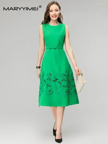 Vestidos casuais maryyimei designer de moda verão feminino o-pescoço sem mangas lace-up oco out escritório senhora vestido verde