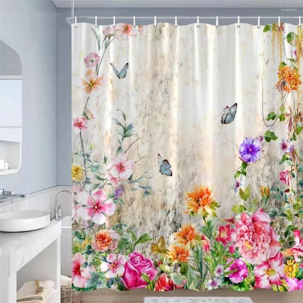 Tende da doccia Farfalla Fiori Rosa Viola Blu Acquerello Piante floreali Arte vintage Moderno Tessuto Arredamento bagno con ganci