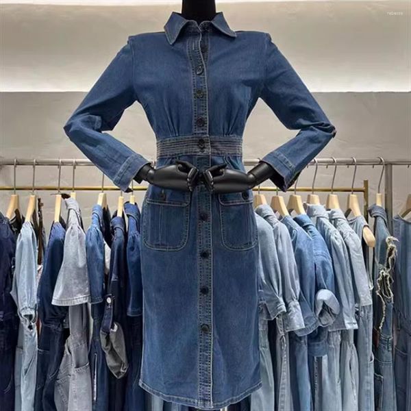 Vestidos casuais vestido jeans para mulheres cintura elástica manga comprida único breasted