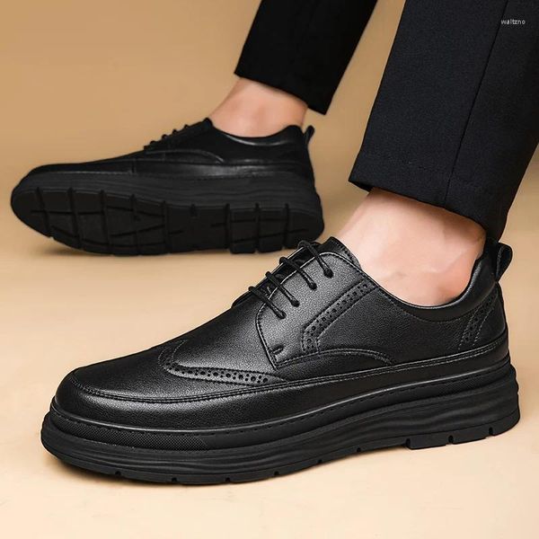 Sapatos casuais de alta qualidade marca masculina couro genuíno grosso sola roupas trabalho rendas até negócios banquete formal