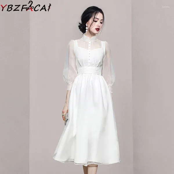 Vestidos casuais mulheres primavera vestido branco 2024 cheongsam gola tule costura midi saia de alta qualidade cintura lanterna manga