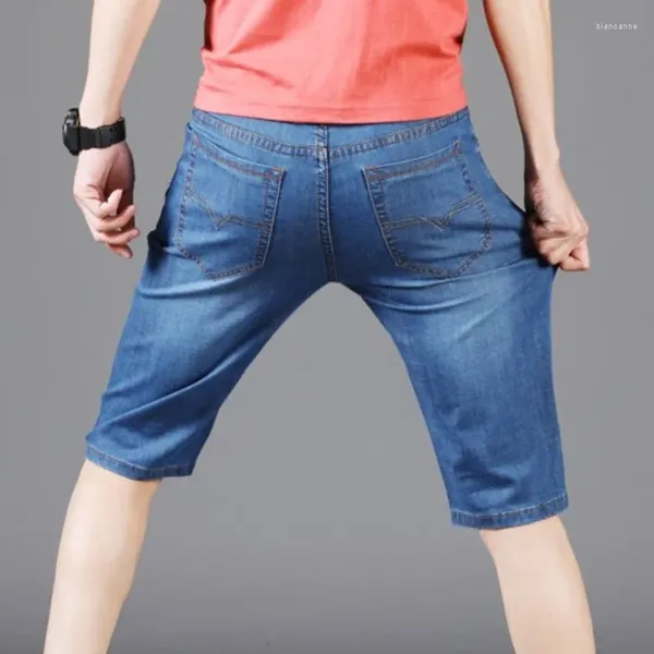 Jeans masculinos verão homens denim curto fino casual moda chegadas calças elásticas retas calças diárias