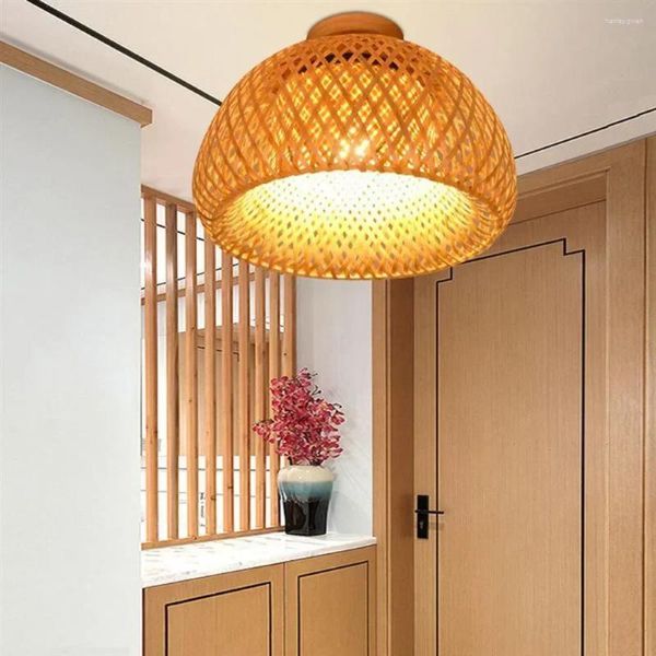 Luzes de teto estilo chinês bambu rattan pingente mão de malha restaurante superfície montada lâmpada de tecelagem e27 luminárias