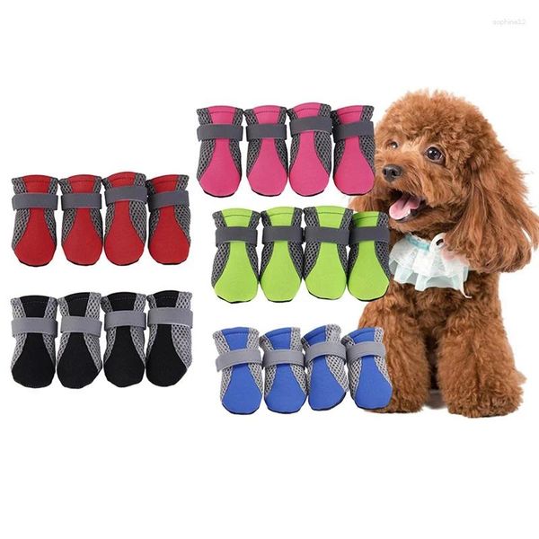 Vestuário para cães 4 pcs antiderrapante botas de animais de estimação protetor tiras reflexivas confortáveis ​​e respiráveis ​​teddy bonito net sapatos filhote de cachorro