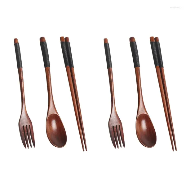 Учебные посуды наборы 2x деревянные столовые приборы наборе портативные палочки для палочек для палочек для палочки ложки вилочной посуды с черной нитью Twining