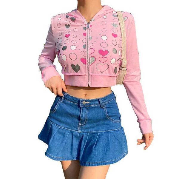 Felpe con cappuccio da donna Felpe con stampa Sweet Love Heart Felpe con cappuccio da donna Kawaii Zip Up Cropped Pink Felpa con cappuccio da donna Sexy con ombelico a maniche lunghe Felpe da donna 240401