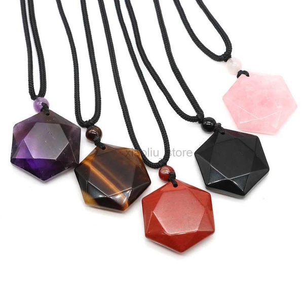 Colares Pingente Pedra Natural David Hexagram Estrela Corda Cadeia Colar Cura Cristal Rosa Quartzo Preto Obsidian Lucky Amulet Pingente Jóias 240401