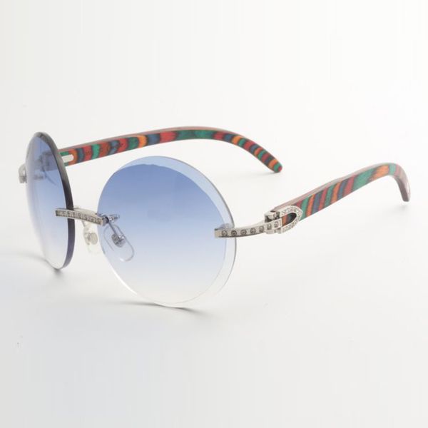 Neue, kleine, volldiamantbesetzte Sonnenbrille 3524012 mit runden Gläsern und natürlichen Pfauenholzbügeln, Größe: 56-18-135 mm