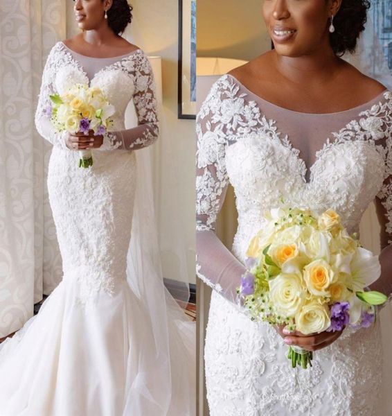 Abiti da sposa a sirena taglie forti Abiti da sposa trasparenti gioiello maniche lunghe Abiti da sposa sexy africani nigeriani vestido de novia7434649