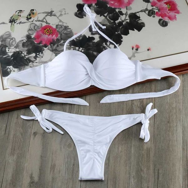 Mulheres Swimwear Biquíni Sólido Alça de Ombro Conjunto de Biquíni Branco Push Up Bikini Maiô Bandeau Maiô Brasileiro Conjunto de Banho Maillot De Bain J240330