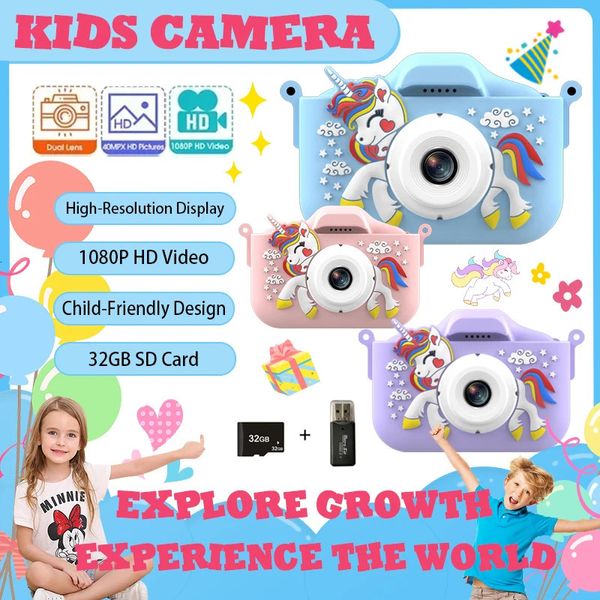 Kinderkamera Einhorn Cartoon Digitales Tierspielzeug Fotografieren und Videos spielen Spiele 48MP Kinder Mini Geschenk 240319