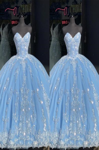 Bling Marfim Lantejoulas Applique Prom Quinceanera Vestidos Luz Céu Azul Strapless Espartilho Backless Princesa Vestido Formal Noite Sweet7842336