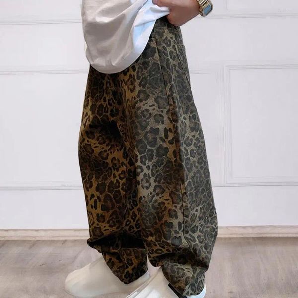 Calças masculinas soltas ajuste leopardo impressão hop com virilha bolsos respiráveis ​​para homens estilo retro calças de comprimento total streetwear