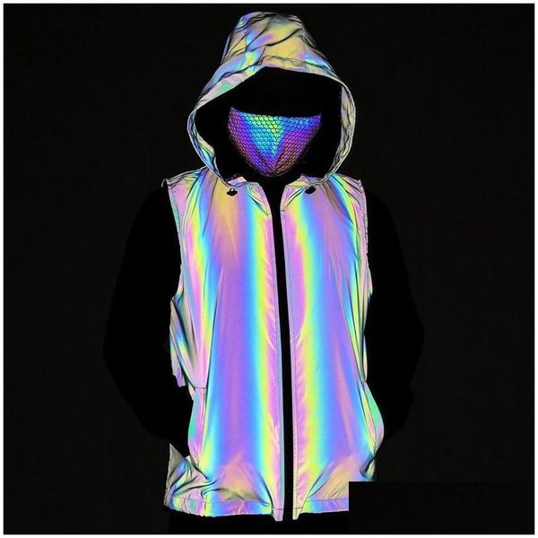 Felpe con cappuccio da uomo Felpe Colorf Gilet con cappuccio riflettente Hip Hop Uomo Giacca senza maniche Sicurezza notturna Riflettere la luce Ciclismo Fare una passeggiata Drop Dh8Kc