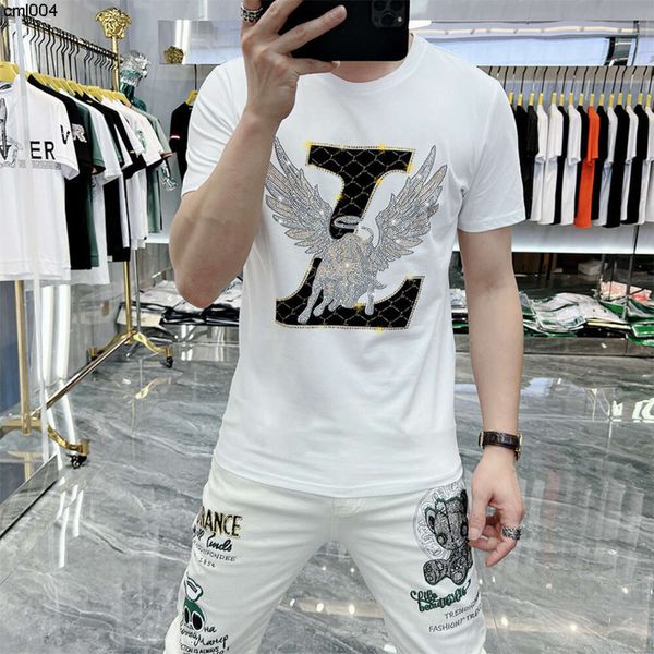 Verão novo diamante quente manga curta masculino na moda em torno do pescoço casual personalizado ajuste fino respirável fino confortável camiseta {categoria}