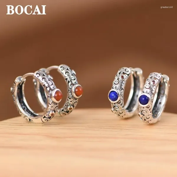 Серьги-гвоздики BOCAI S925 Серебряный ювелирный аксессуар Минималистичный выдолбленный узор с рябью воды Агат/Лазурит Художественные женские