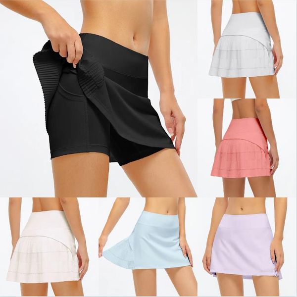 Lu Lycra Lined Align Shorts Skort Summer Tennis Wear Saia plissada LL Running Athletic Saias Mulheres Yoga Sports Fiess Vestido com Bolso Exercício