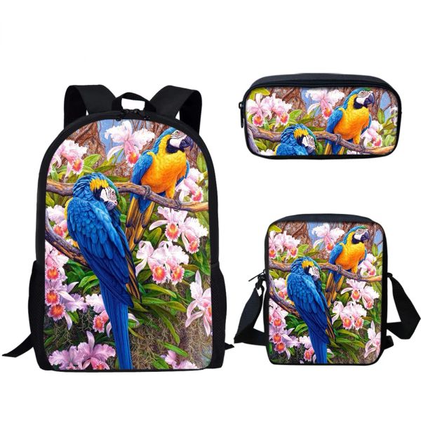 Сумки модная попугая цветочная 3D -печать школьная сумка 3pcs/Set зрачка рюкзак для ноутбука рюкзак подростки мальчики девочки для девочек книжная сумка для ланча карандаш корпус