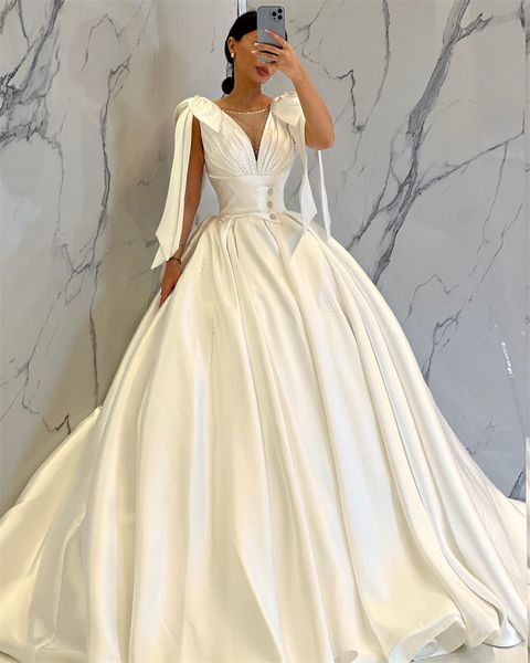 Klassische Ballkleid-Hochzeitskleider mit U-Ausschnitt für die Braut, Perlen gerafftes Satin-Hochzeitskleid mit Fliege und Riemen, Prinzessin, Vestidos de Novia