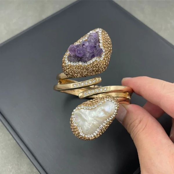 Bracelet manchette en améthyste naturelle, perle d'eau douce, Quartz, cristal turc, bijoux de Banquet exquis pour femmes_voghion.com