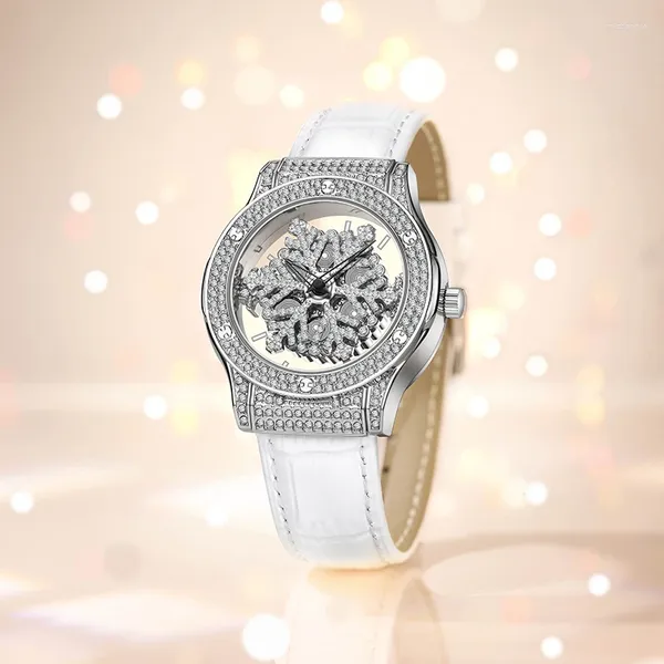 Orologi da polso FOCEWALK orologio di lusso al quarzo scheletrato cinturino in pelle da donna quadrante con fiocco di neve cintura casual alla moda