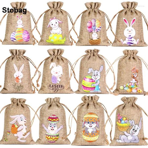 Envoltório de presente StoBag 5 pcs feliz Páscoa sacos de linho cordão ovo pequeno pacote bolso crianças doces embalagens reutilizáveis ​​bolsas festa