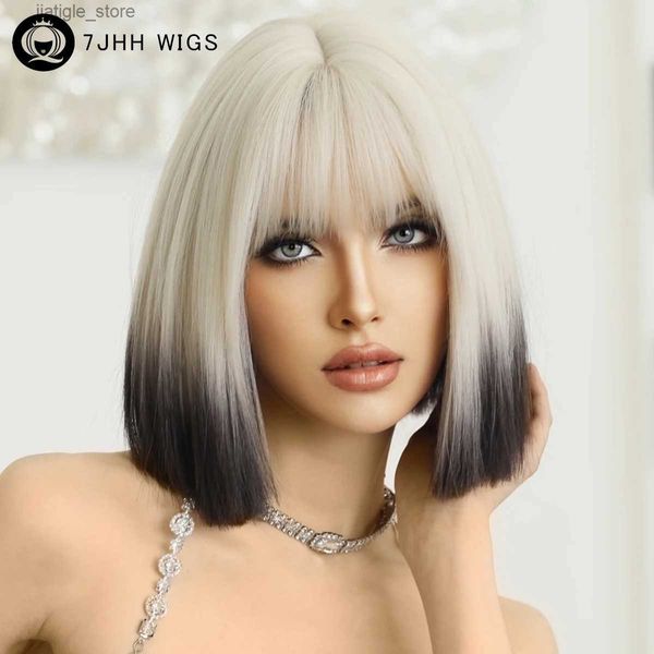 Synthetische Perücken 7JHH -Perücken kurze Straight Ombre Blonde Bob Perücken für Frauen tägliche Party Natural Mode Synthetische schwarze Haarperücken mit flauschigen Bony Y240401