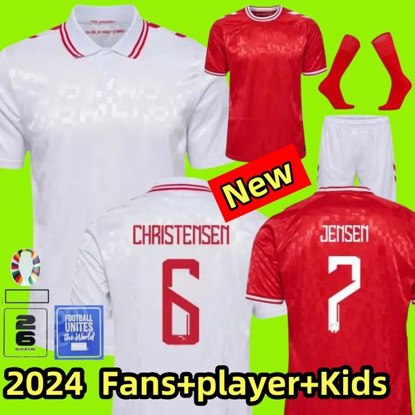 24 25 Dinamarca Futebol Jerseys Euro Cup CHRISTENSEN JENSEN ERIKSEN 2024 2025 Seleção Nacional Casa Vermelho Away Branco Homens Crianças Kit Conjunto Completo Uniforme de Camisa de Futebol
