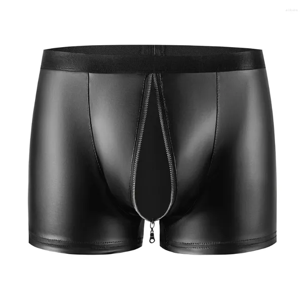 Cuecas masculinas sexy boxers de couro shorts zíper aberto virilha falso lingerie palco traje underpant undershorts
