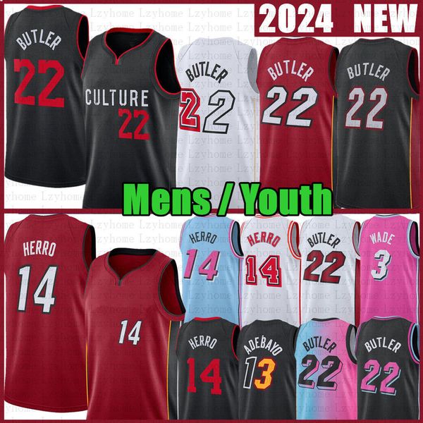 Mens Youth Jimmy Butler Tyler Herro Jerro de basquete Bam Ado Dwyane Wade Caleb Martin 2023 2024 Cidade Pink Blue Black Jerseys Red White Shirt 22 14 3 13 13 13